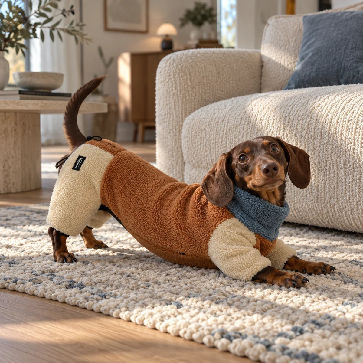 Chocolate dachshund wearing a camel cream and blue colorblock fleece onesie in a modern American living room