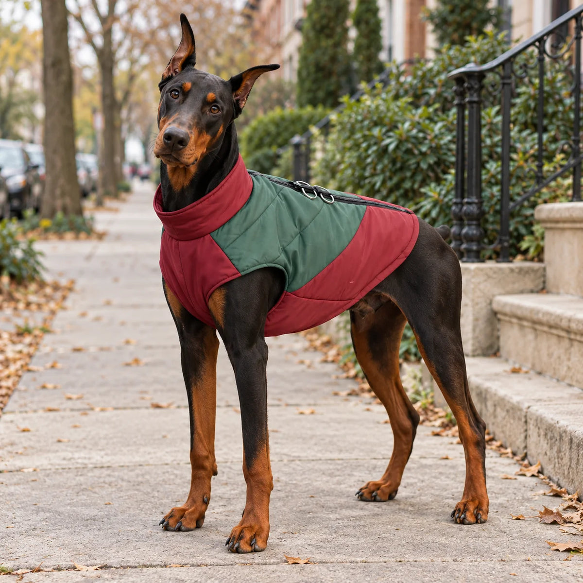 Doberman wearing a burgundy and retro green padded vest on an American neighborhood sidewalk