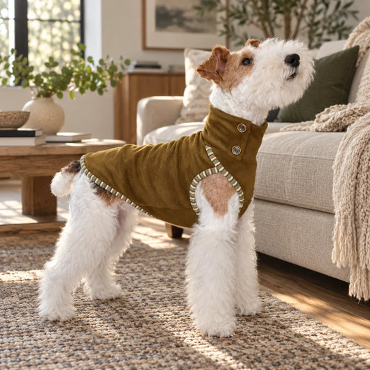 Wire fox terrier wearing a moss contrast-trim vest in a modern American living room