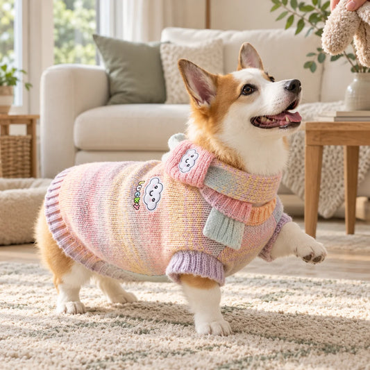 Corgi wearing a pastel rainbow cloud knit sweater and scarf in a modern American living room