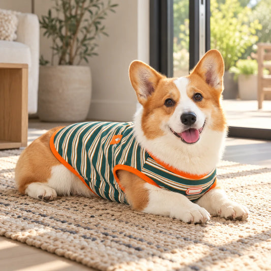 Corgi wearing a green and orange striped summer vest in a modern American home
