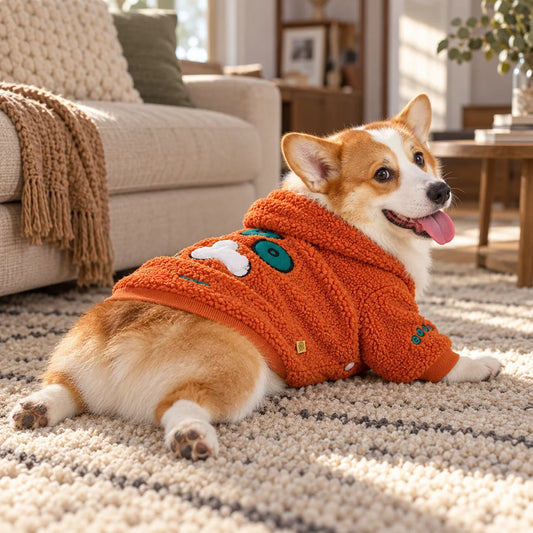 Corgi wearing a burnt-orange fleece winter sweatshirt in a modern American living room