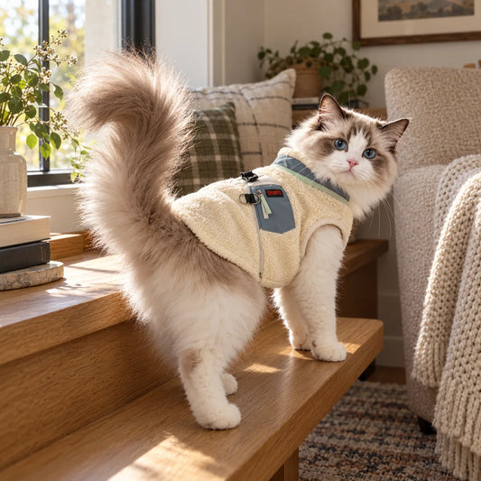 Fluffy cat wearing a cream fleece zip vest in a modern American reading nook