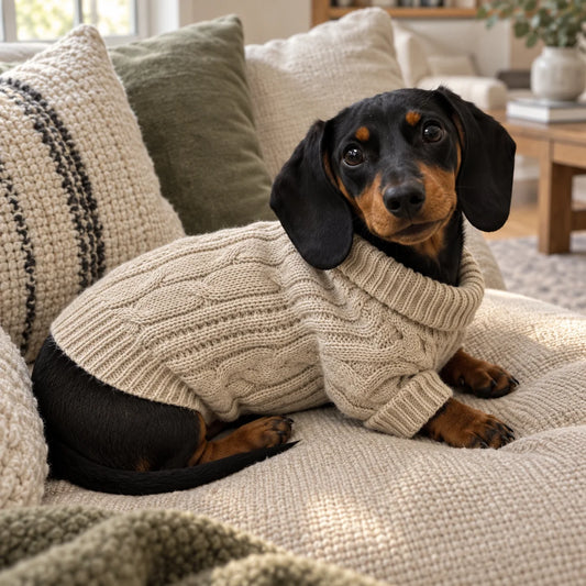 Black and tan dachshund wearing a beige cable-knit sweater on an oatmeal sofa
