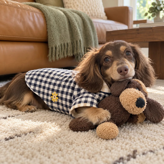 Long-haired dachshund wearing navy gingham pajamas in a modern American living room