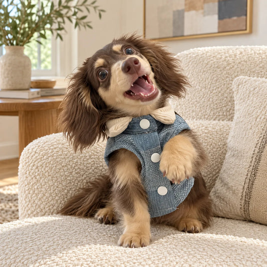 Long-haired dachshund wearing a light blue denim vest with a cream collar in a modern American living room