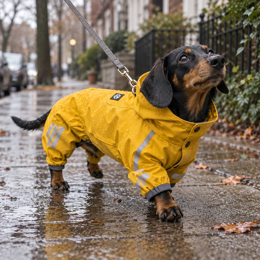 Black and tan dachshund wearing a mustard full-body raincoat on a wet American sidewalk