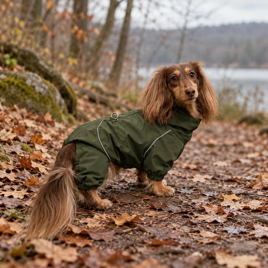 Long-haired dachshund wearing an olive outdoor jacket on an American park trail