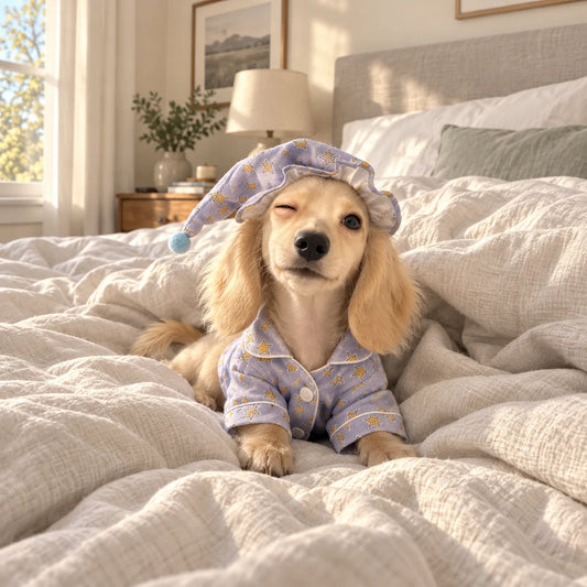 Dachshund wearing lavender star pajamas and a matching nightcap in a modern American bedroom
