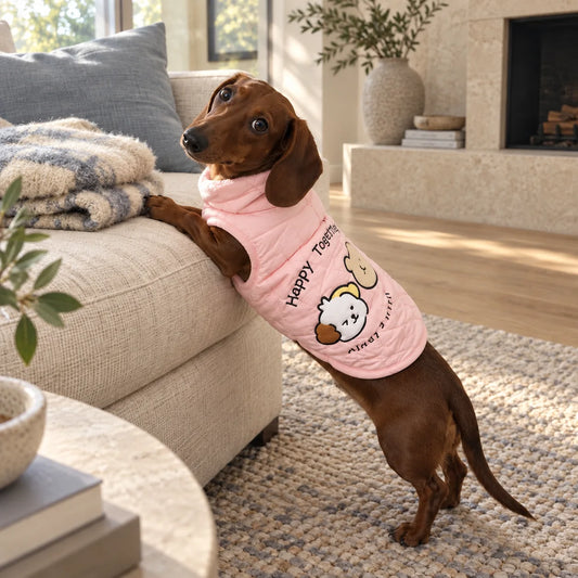 Chocolate dachshund wearing a blush pink quilted winter vest in a modern American living room