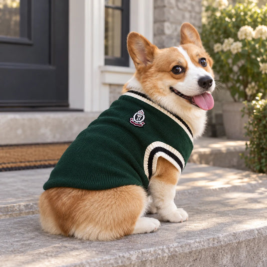 Corgi wearing a dark green college-style vest on an American front stoop