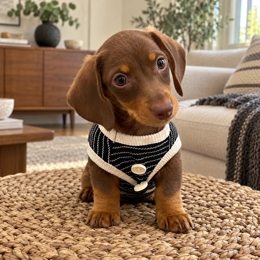 Dachshund puppy wearing a black fine-stripe vest in a modern American living room