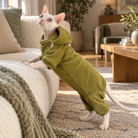 White cat wearing an olive fleece hooded onesie beside a cream sofa in a modern American living room