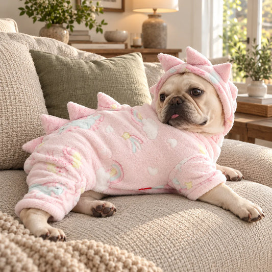 French bulldog lounging in pink fleece dinosaur pajamas on a modern American sofa