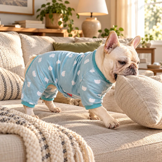 French bulldog in powder blue print pajamas carrying a linen cushion in an American home