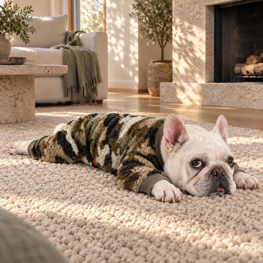 French bulldog relaxing in muted camouflage fleece pajamas in a modern American living room