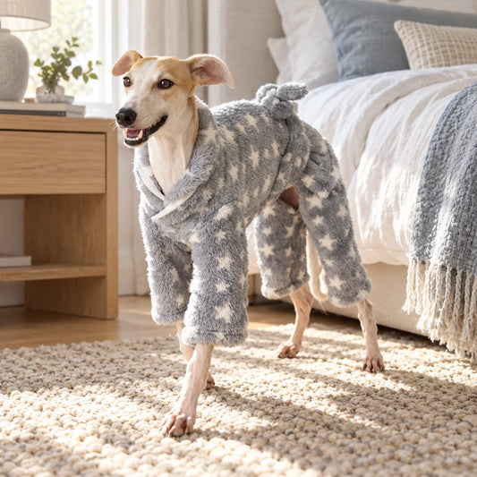 Italian greyhound wearing a gray star print plush robe in a modern American bedroom
