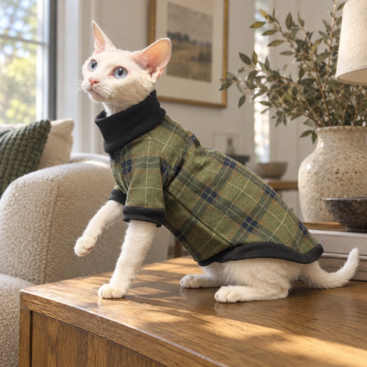 White cat wearing a green plaid turtleneck in a modern American home