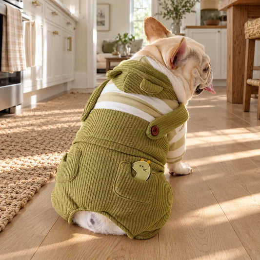 French bulldog wearing olive green ribbed overalls in a modern American kitchen