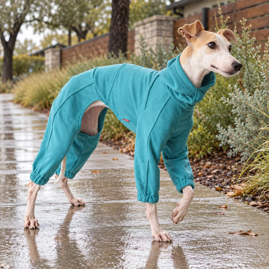 Italian greyhound wearing a turquoise sport onesie on a wet neighborhood path