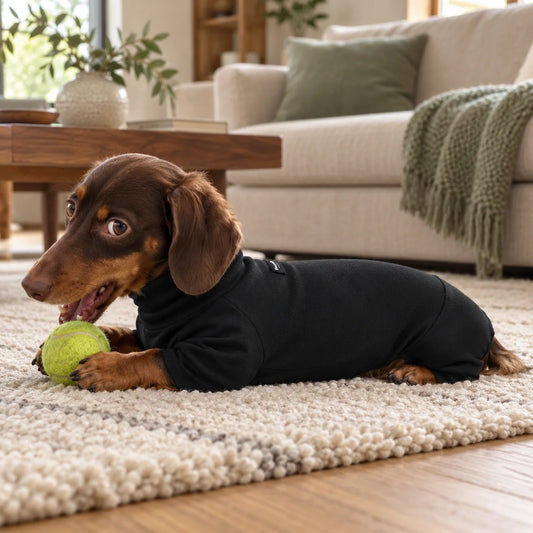 Chocolate dachshund wearing a black high-neck onesie while playing with a tennis ball at home