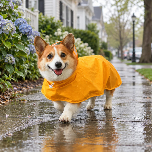 Corgi wearing a yellow hooded rain cape on a wet American neighborhood sidewalk