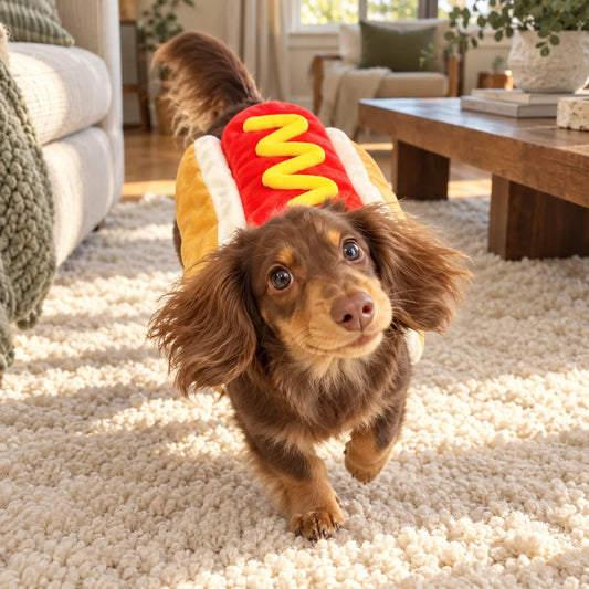 Long-haired dachshund wearing a plush hot dog costume in a modern American living room