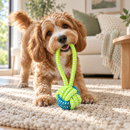 Dog playing with a lime green and teal knotted loop rope toy in a modern American family room