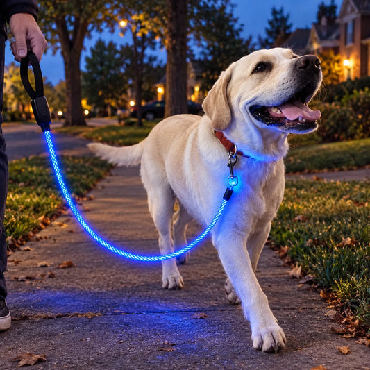 Yellow Labrador walking with a blue light-up rope leash in an American neighborhood