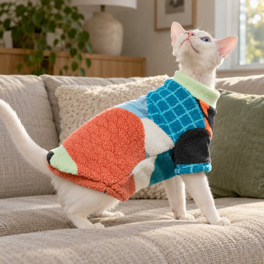 White cat wearing a colorful patterned fleece pullover in a modern American living room