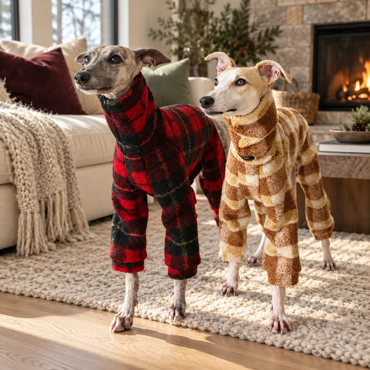 Two Italian greyhounds wearing red black and camel cream plaid fleece onesies in a modern American living room