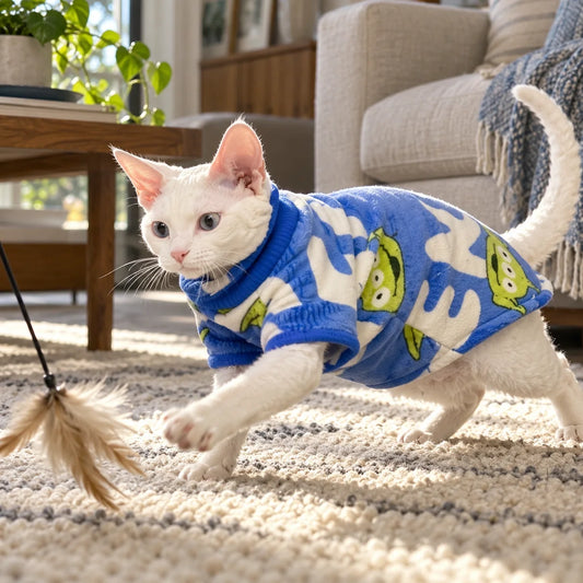 Playful white cat wearing a blue alien print fleece pullover in a modern American family room
