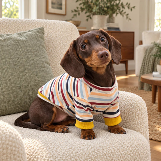 Chocolate dachshund wearing a rainbow stripe shirt in a modern American living room
