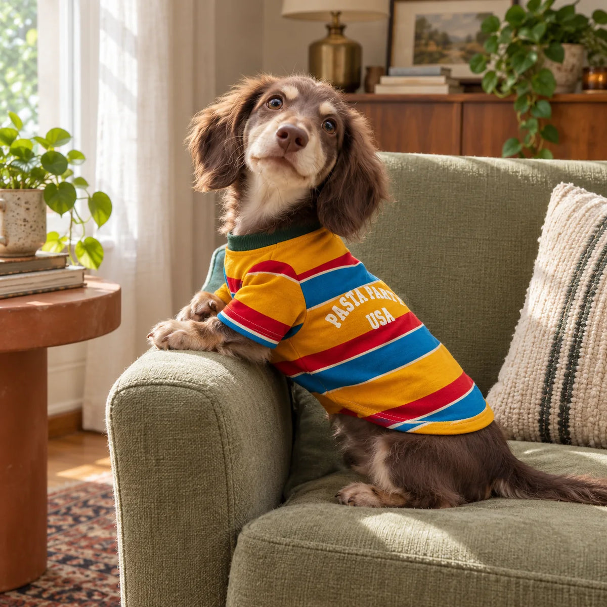Long-haired dachshund wearing a red blue and mustard striped T-shirt in a modern American living room