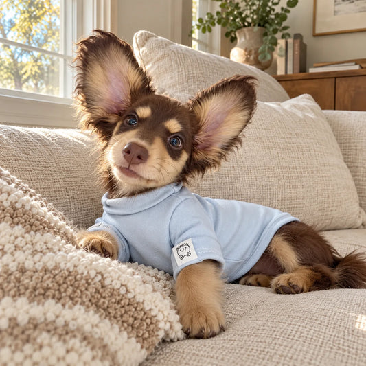Long-haired dachshund wearing a sky blue base layer shirt in a modern American home