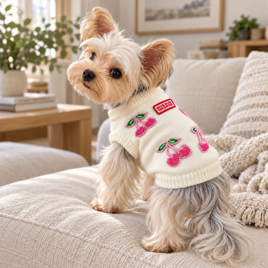 Small Yorkshire terrier wearing an ivory cherry applique knit sweater in a modern American living room