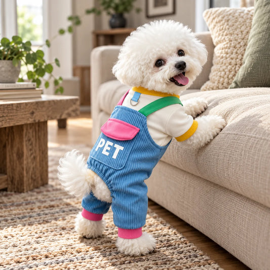 White bichon wearing colorful blue overalls in a modern American living room