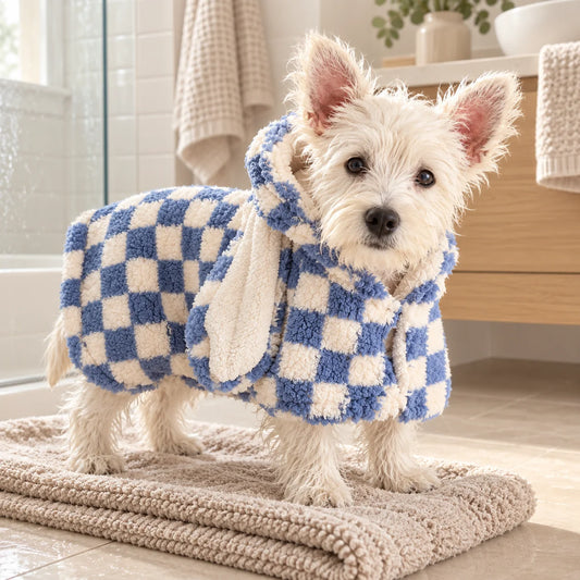 Small white terrier wearing a blue and cream checkered cape towel in a modern American bathroom