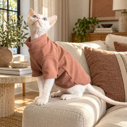 White cat wearing a cocoa brown turtleneck on a cream sofa in a warm modern American living room