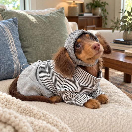 Long-haired dachshund wearing a gray striped onesie and knit hat on a cream sofa
