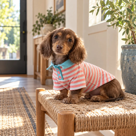 Long-haired dachshund wearing a coral stripe and turquoise collar polo shirt in a modern American entryway
