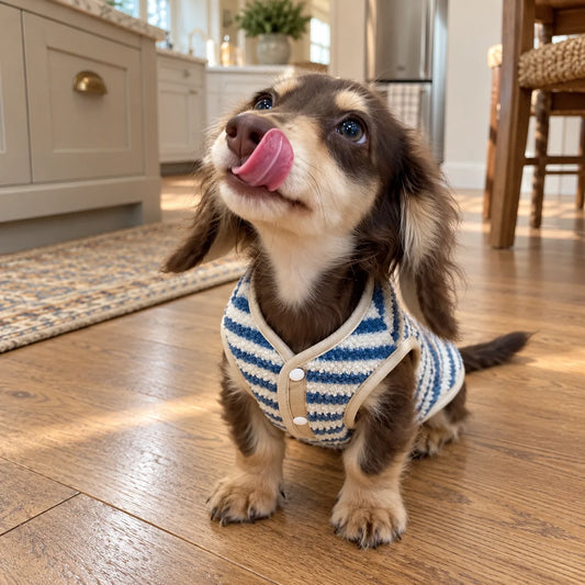 Dachshund wearing a blue striped fleece vest in a modern American kitchen