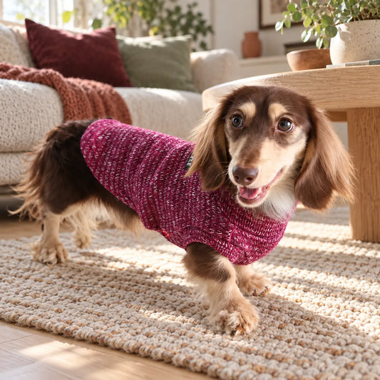 Dachshund wearing a purplish red marled knit sweater in a modern American living room
