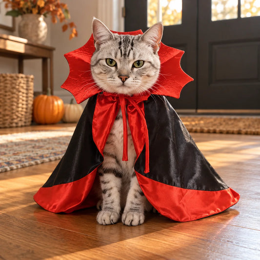 Silver tabby cat wearing a red and black vampire cape in an American entryway