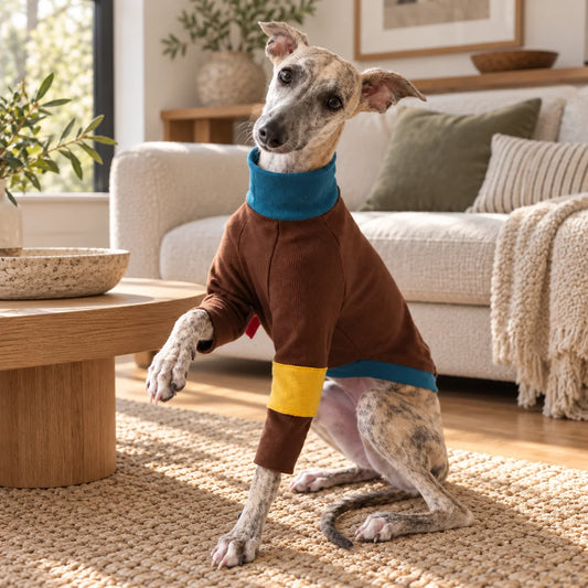 Brindle Whippet in brown teal and mustard patchwork top in a modern American living room