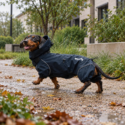 Dachshund wearing a navy hooded alpine jacket outdoors after rain