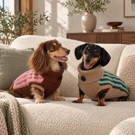 Two dachshunds wearing pink and lake-blue striped sweater vests on a cream sofa