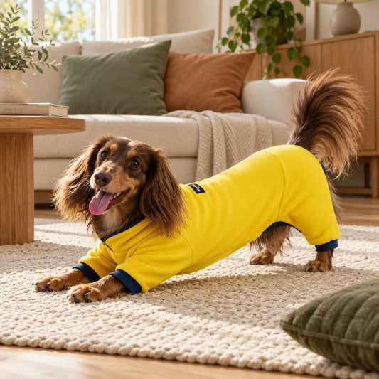 Long-haired dachshund stretching in a yellow four-leg polo onesie at home