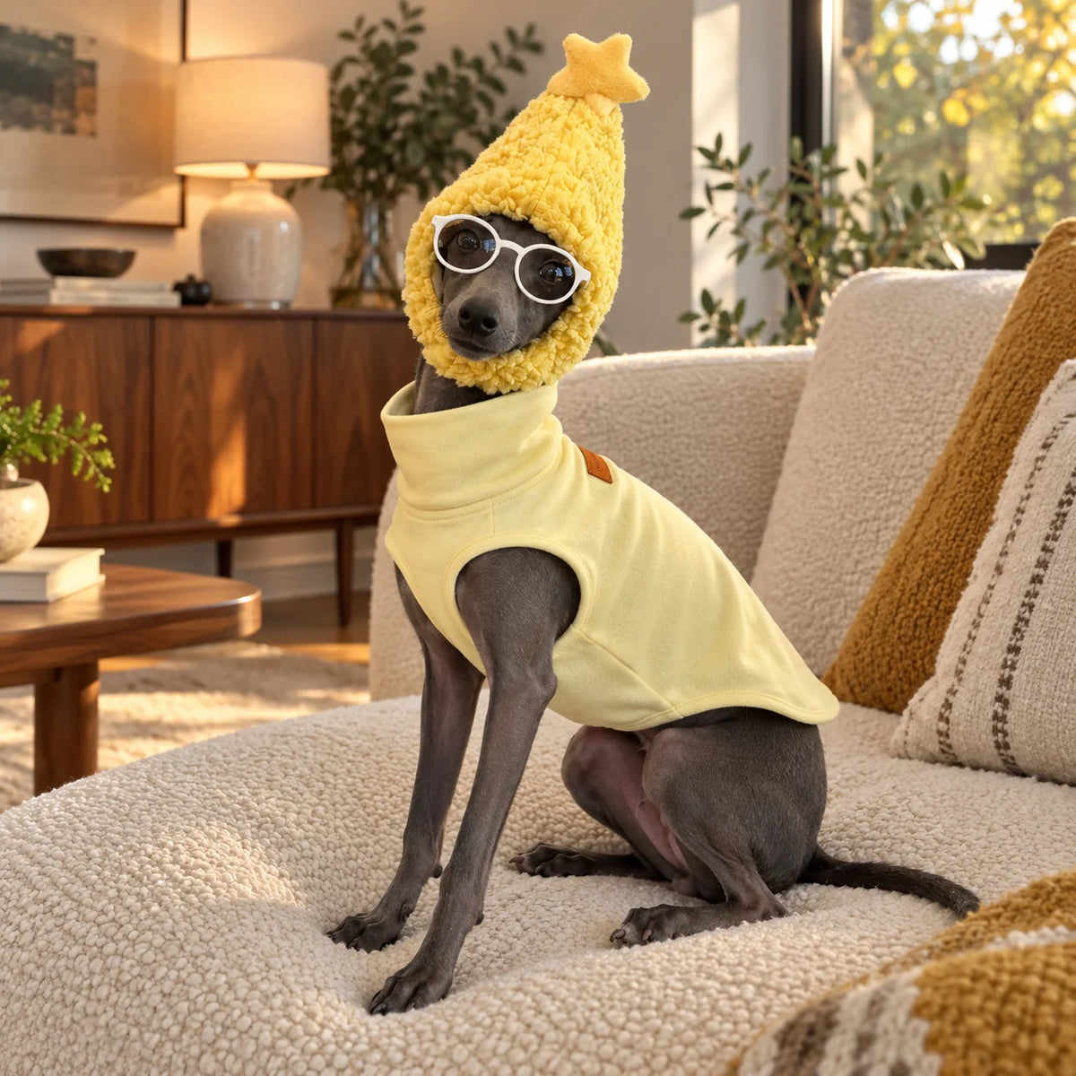 Italian greyhound wearing a yellow shirt star hat and white glasses in a modern American living room