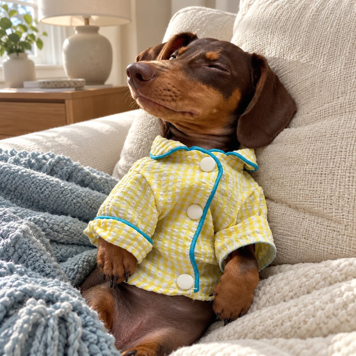 Dachshund wearing a yellow plaid pajama shirt while relaxing on a cream sofa